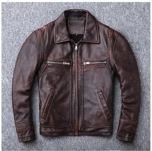 Veste en cuir de vachette marron Vintage de haute qualité pour hommes en cuir de peau de mouton véritable manteau en tissu de toile de qualité naturelle - Product Image 4