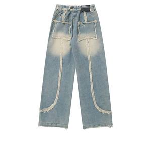 กางเกงผ้าเดนิมผ้าฝ้าย100% สำหรับผู้ชายทรงตรงทรงหลวมผ้าปักลายสไตล์สตรีทผ้าออกซ์ฟอร์ดระบายอากาศได้ดี - Product Image 3