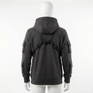 Sweat à capuche tactique gris anthracite pour femme, col montant avec sangles à boucles, veste technique en polaire multi-poches, devant - Product Image 2