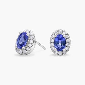 Elegantes Pendientes de Halo con Zafiro Azul Ovalado para Mujer - Product Image 1