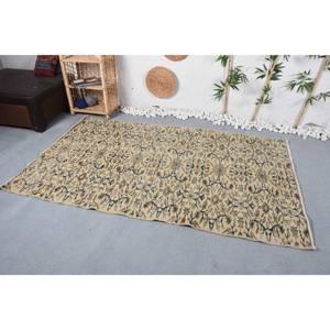 Tapis turc vintage traditionnel beige et bleu à motifs floraux 4.5x7.3 pieds en laine avec motif patchwork en latex - Product Image 2