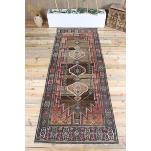 Vintage Turkish Rug, 3.8x9.6 ft Rug Rug, <b>Brown</b> Geometric <b>Wool</b> Rug - Product Image 1