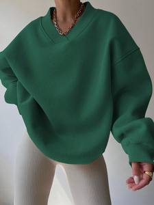 Logo personnalisé OEM femmes vert surdimensionné col en V sweat-shirt lourd coton polaire pull coupe ample épaule tombante décontracté - Product Image 4