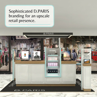 Maßgefertigter Kosmetik-Inselstand mit LED-Überkopfschild, Modulare Kiosk-Einrichtung für Einkaufszentren, Parfüm- und Duftmarkengeschäfte