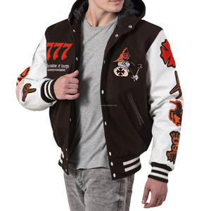 Veste universitaire unisexe en laine avec manches en cuir, fermeture éclair sur le devant, patchwork, style bomber de baseball, doublure matelassée, pour équipe - Product Image 4