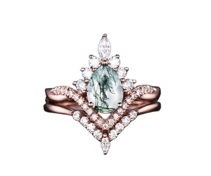 <b>Moss</b> <b>Agate</b> Sterling Silver Pear Cut Bridal Band Women's Wedding Engagement Party <b>Ring</b> with Trendy Design - Product Image 1