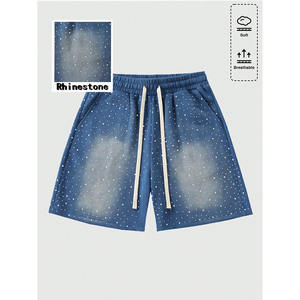 Short personnalisé en strass bleu délavé pour hommes Streetwear d'été Short de survêtement en coton doux avec cordon de serrage Hip Hop Gym Cordon de serrage plat - Product Image 1