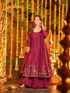 Designer Anarkali Gown with Palazzo Set Elegant Ethnic Wear Natural Creep <b>Silk</b> With Thread & Sequence Work Wedding Gown - Product Image 2