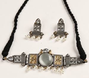 Oxidized Antique Silver Two Tone <b>Women</b> Jewelry <b>set</b> with Monalisa zircon stone Wedding jewelry <b>Gift</b> for her - Product Image 1