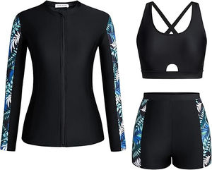 Traje de baño de manga larga con protección contra sarpullidos Atlético personalizado para mujer, 3 piezas, protección contra sarpullidos, protección solar UV, sujetador incorporado, camisetas de baño con cremallera - Product Image 1