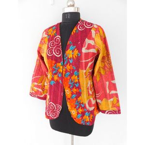 Vintage matelassé coton Kantha pardessus veste femmes hiver respirant tissé fleurs main bloc imprimé fleuri court fête porter - Product Image 2