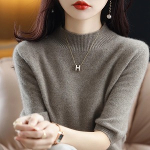 T-shirt femme 100% pull en laine femmes cou tricoté pull à manches longues hauts couleur unie mode décontracté - Product Image 1