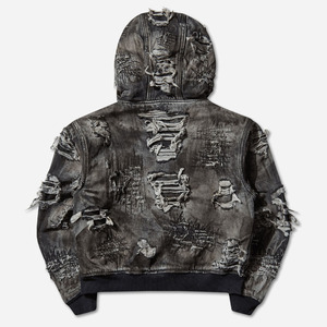 2025/2026 Men's Hard-Washed Damaged Denim Hooded <b>Zip</b>-<b>Up</b> <b>Jacket</b> Black Front Logo Eco-Friendly Windproof - Product Image 2