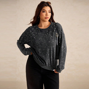 Sudadera de cuello redondo con diamantes de imitación para mujer, Jersey de algodón polar, suave, transpirable, cálido, ropa de calle de gran tamaño, moda Vintage, lavado ácido - Product Image 2