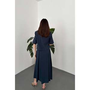 Navy Blue Single-Button Short Jacket and Skirt <b>Set</b> - Navy Blue - Product Image 6