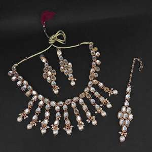 Kriaa Gold Plated White Kundan and Pearl Necklace Set with Maang <b>Tikka</b> 1107978A Fine Jewelry Set - Product Image 1
