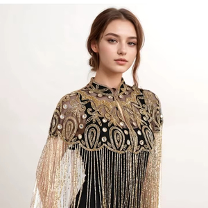 Cape burlesque élégante avec perles et paillettes perlées, silhouette droite, robe de boîte de nuit longue au sol pour les occasions festives - Product Image 4