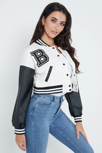 Chaqueta bomber corta de béisbol negra, chaqueta universitaria de manga de cuero, ropa de calle Vintage, chaquetas transpirables de invierno para exteriores para mujer - Product Image 5