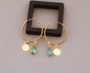 Gold Plated <b>Twisted</b> <b>Hoop</b> <b>Earrings</b> with Aqua Blue Glass Teardrop and Hammered Disc Charms Handmade Dangle <b>Earrings</b> for Women - Product Image 1