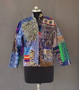 Indian Handmade Quilted patchwork Kantha Jacket Coat , Multi color Patchwork Kimono
