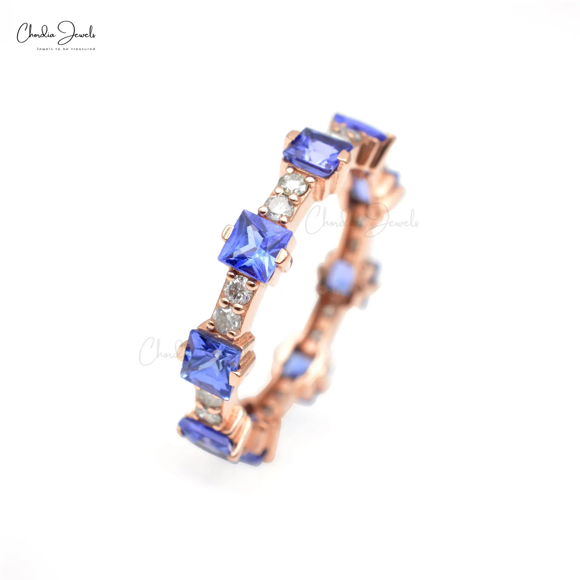 Bague d'éternité en tanzanite bleue naturelle 2ct taille carrée en or rose 14 carats véritable 1.8mm diamant rond bijoux personnalisés en gros