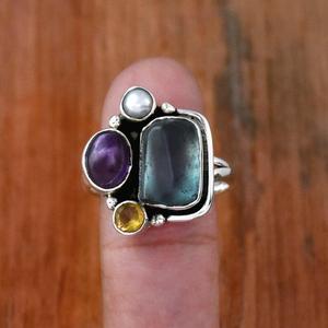 <b>Raw</b> Blue Topaz <b>Amethyst</b> Citrine Christian Bohemian 925 Sterling Silver Multi Stone Statement Ring Gift for Women - Product Image 3