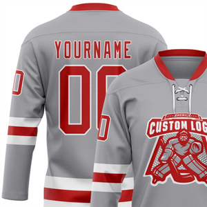 OEM fabricación personalizada al por mayor gris rojo-blanco de alta calidad jersey de cuello de encaje de hockey - Product Image 5