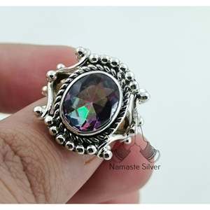 Mystic Topaz Oval Handmade <b>Statement</b> <b>Ring</b> for Women Sterling <b>Silver</b> Gemstone Jewelry Rhodium for Birthday Christmas Gift - Product Image 5