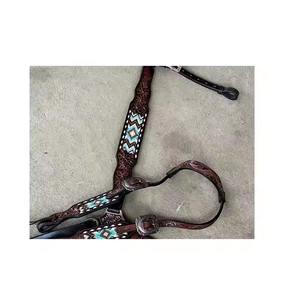 Vente chaude Premium Cuir Marron Cheval Tack Set Une Oreille Designer Boucle Ardillon Headstall Collier De Poitrine avec Outillage Floral - Product Image 3