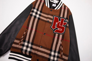 Blouson universitaire en denim de haute qualité avec imprimé tartan, broderie chenille, motif lettres, respirant, collection printemps - Product Image 3