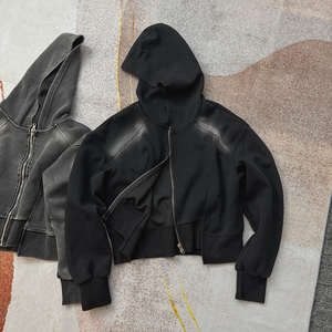 Sweat à capuche court personnalisé poids lourd lavé à l'acide pour les femmes 100% coton éponge épissage fermeture éclair à capuche blanc vêtements de rue pour l'hiver automne - Product Image 5