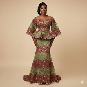 Vestido de Encaje de Red de Alta Costura Nigeriana, Diseño Floral de Bosque, Estilo Tradicional y Lujoso, Ropa Nigeriana - Product Image 1