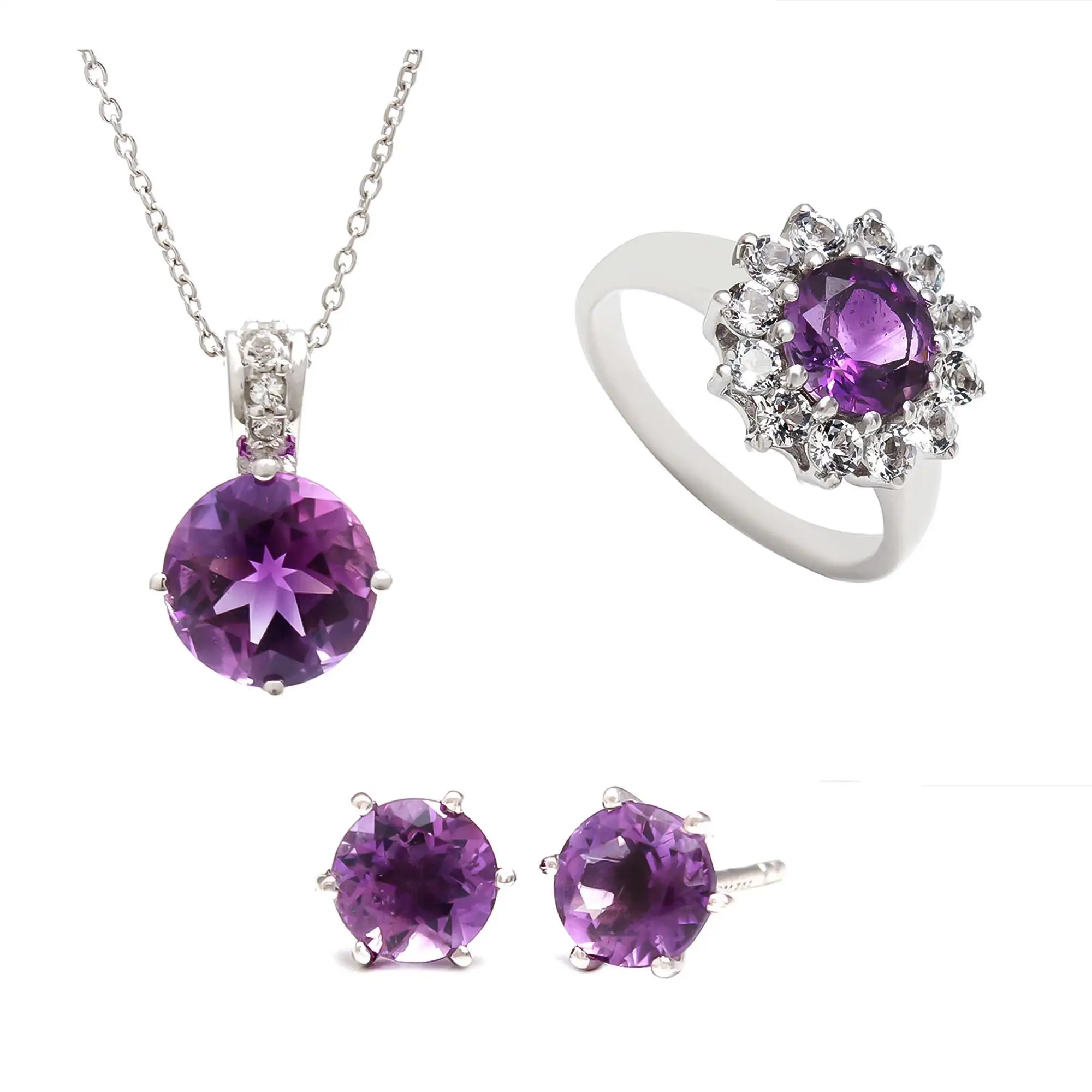 Natural Gemstone Amethyst 925 Sterling Silver Ring Earrings Pendant Necklace Wholesaler 925 Sterling Silver Fine Jewelry Sets