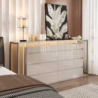Commode à huit tiroirs brillante, meuble de rangement moderne en bois pour maquillage avec verre trempé