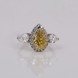 Yellow Pear Cut Lab Created Diamond Three Stone Halo Engagement Ring Round Cut Diamond 14KT Solid Gold Anniversary Gift Ring - Product Image 2
