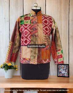 Veste Kantha en patchwork fait à la main, veste Kantha en patchwork de soie cousue à la main, manteau Kantha en soie, veste courte Kantha matelassée - Product Image 5