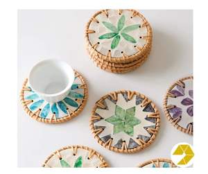 Handcrafted dining decor <b>set</b> designed around Rattan plate conch <b>placemat</b> pearl <b>coasters</b> Rattan plate - Product Image 4