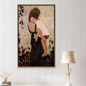 Impression Art Nouveau Mère et Enfant de Klimt : Toile encadrée or, Toile encadrée or - Product Image 1