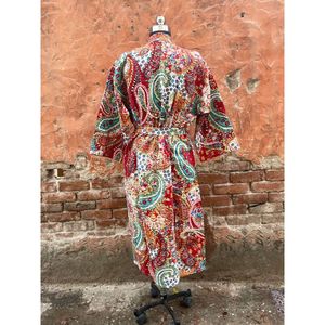 Kimono con estampado de cachemir, Kantha, ropa de dormir de algodón indio, albornoz, vestido Maxi hecho a mano, venta al por mayor - Product Image 6