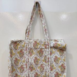 Bolsa de Compras de Algodón Hecha a Mano, Bolsa de Mano para Mujer, Bolsa de Algodón con Estampado de Bloques, Bolsa Grande Acolchada y Espaciosa para Viajes y Uso Diario - Product Image 1