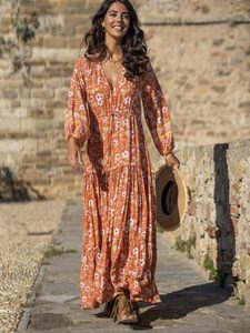 Boho Floral Print Frill Vintage Bohemian Print V-Neck Street <b>Dress</b> Casual Summer Loose Long Sleeve <b>Dress</b> Maxi <b>Dress</b> - Product Image 2