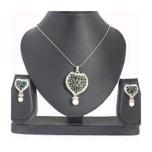 The99Jewel Model 1200412 Green Austrian Stone <b>Silver</b> Plated Pendant Fashion Jewelry <b>Set</b> - Product Image 1