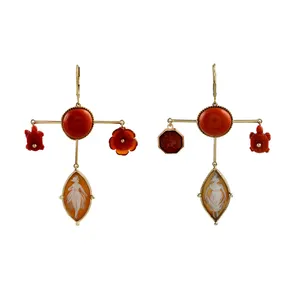 Pendiente de gota de piedras preciosas multicolor curvo de coral de Plata de Ley 925 chapado en oro macizo de alta calidad para damas y niñas - Product Image 2