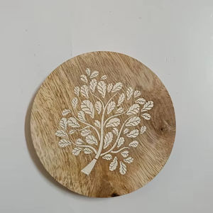 Plateau en bambou moderne et simple avec poignée, boîte de rangement et sous-verre, décoratif style ferme, gravé, écologique, rond - Product Image 1