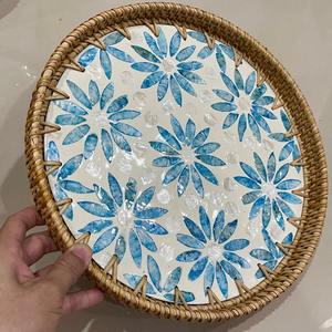 Best Selling Mother Of Pearl With <b>Rattan</b> Serving Tray Round Blue Flower Design Natural <b>Frame</b> For Home Decor Hotel Sustainable - Product Image 3