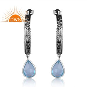 Pendientes de Aro de Plata de Ley Oxidada con Doble Capa de Cuarzo Aguamarina, Fabricante de Joyería Fina Personalizada - Product Image 4