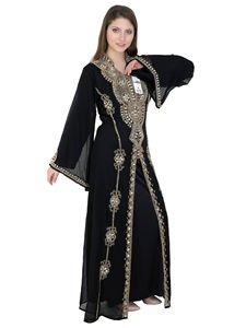 Trabajo de bordado a mano al por mayor de manga larga para Abaya musulmán mujeres vestido árabe Turquía Dubai oración islámica Georgette impacto - Product Image 4