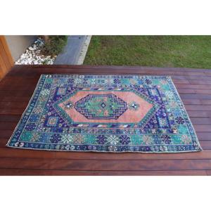 Alfombra Turca Vintage de 3.6x5.3 pies, Alfombra de Lana Azul con Diseño Floral - Product Image 3