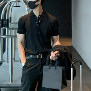 Nueva moda Polos hombres verano Casual manga corta botón solapa Tops hombres ropa ocio Color sólido Polo camisa Streetwear tela - Product Image 5