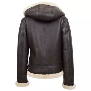 M0VA TEXTILES <b>Sheepskin</b> Brown Hooded Bomber Genuine Leather <b>Jacket</b> Breathable Collared Full Zip Waterproof Winter <b>Jackets</b> - Product Image 4